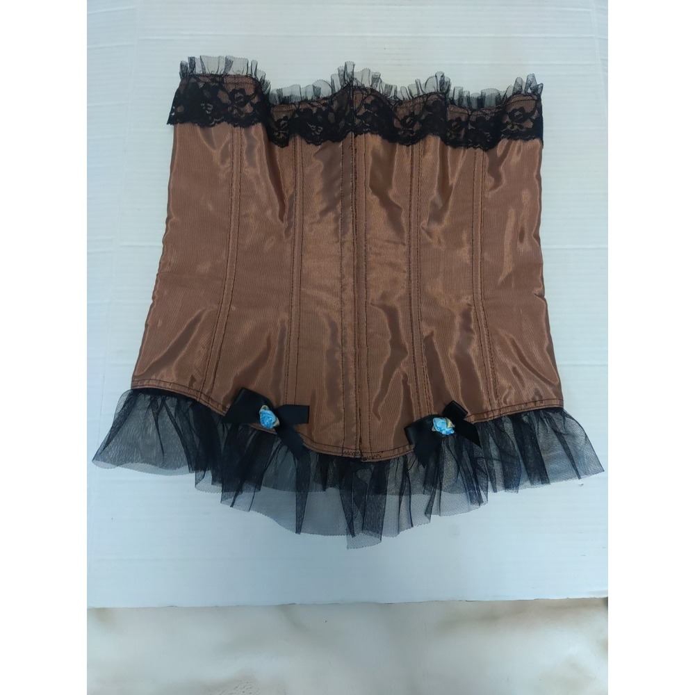 Corset bronze Lace Floral Trim‎ Hook Eye Lace Up Boned USA Satin Top 38